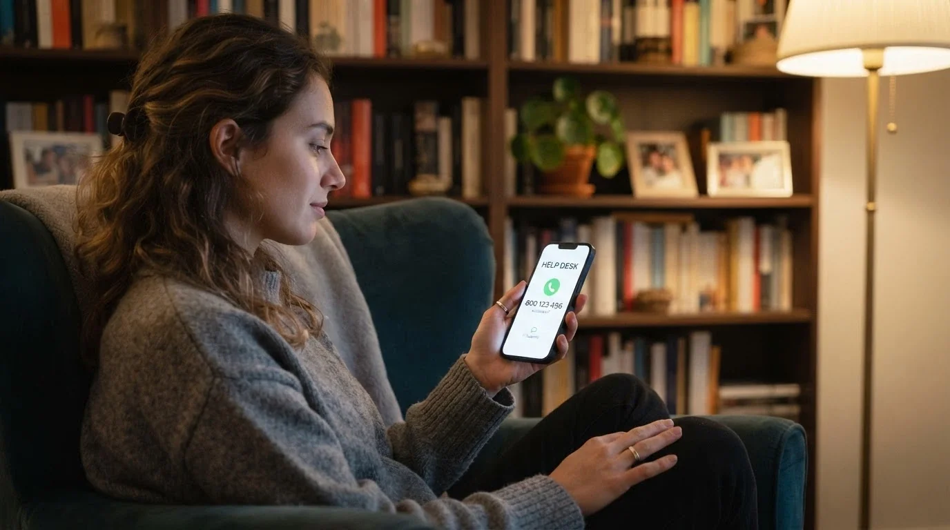 Una persona seduta in un ambiente tranquillo, con il telefono in mano e sullo sfondo il logo del Telefono Verde Nazionale