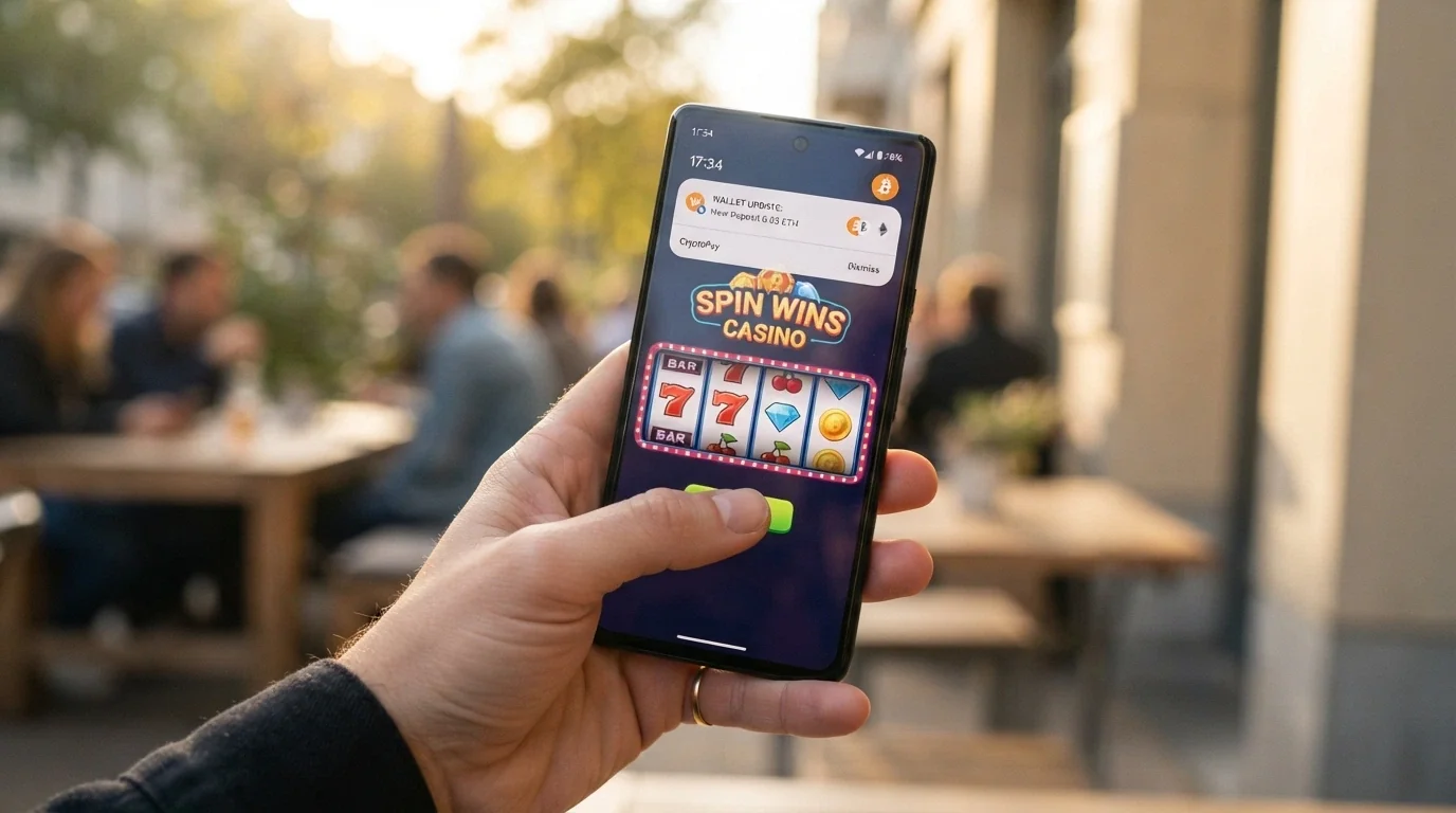 Uno smartphone in mano con l'interfaccia di un casinò online aperta e il logo MetaMask visibile nella barra delle notifiche