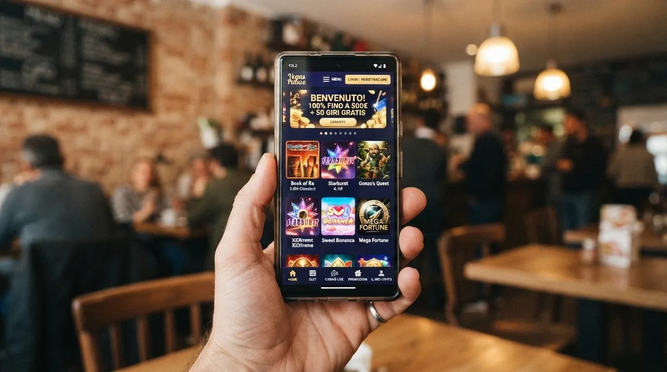Smartphone con interfaccia mobile di un casinò Bitcoin aperta sul browser, con giochi in primo piano e menu di navigazione