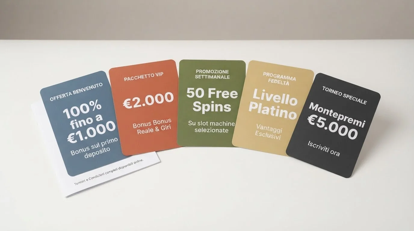Schermata comparativa con card promozionali di diversi casino ADM, importi di bonus e condizioni in evidenza