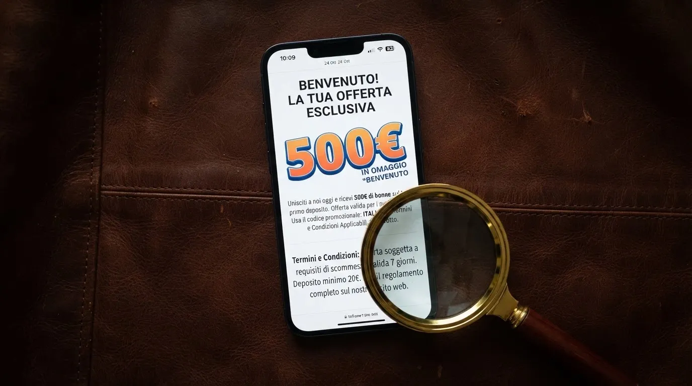 Primo piano di un iPhone con la schermata promozionale di un bonus di benvenuto, accanto a una lente di ingrandimento che rivela le condizioni in piccolo