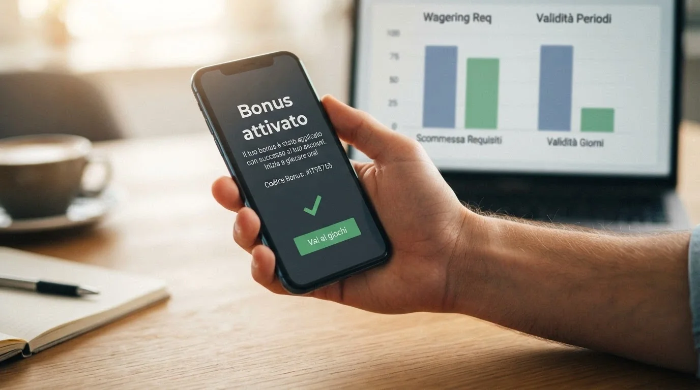 Una mano che tiene una carta di credito accanto a un telefono con la scritta «bonus attivato», su sfondo un grafico che confronta wagering e validità