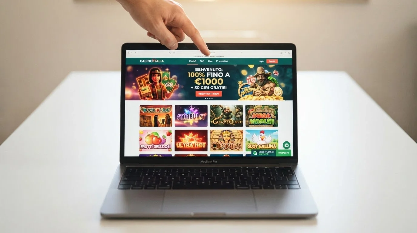 La schermata di un casinò online con la sezione bonus in evidenza, una griglia di slot popolari e l'icona di un portafoglio digitale con una spunta verde