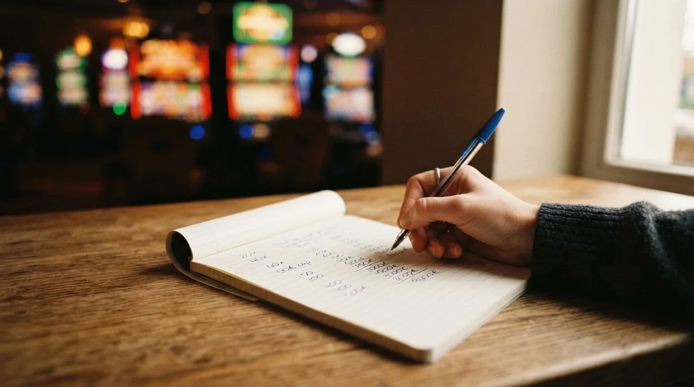 Calcolatrice accanto a un foglio con annotazioni «20x», «40x», «50€ cap», su sfondo sfocato di slot machine