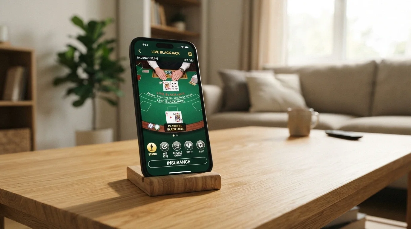 Uno smartphone in verticale appoggiato su un tavolo mostra l'interfaccia di un casinò live con un tavolo da blackjack in streaming e i pulsanti delle puntate nella metà inferiore dello schermo