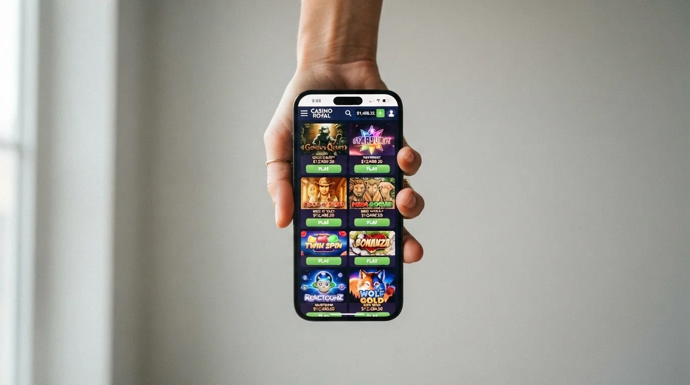 Una mano che tiene uno smartphone in verticale con l'interfaccia mobile di un casinò crypto aperta nel browser, le icone delle slot visibili, nessuna icona di app store visibile