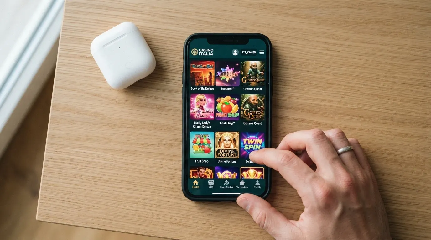 Un giocatore utilizza un casinò online sullo schermo di uno smartphone con interfaccia touch