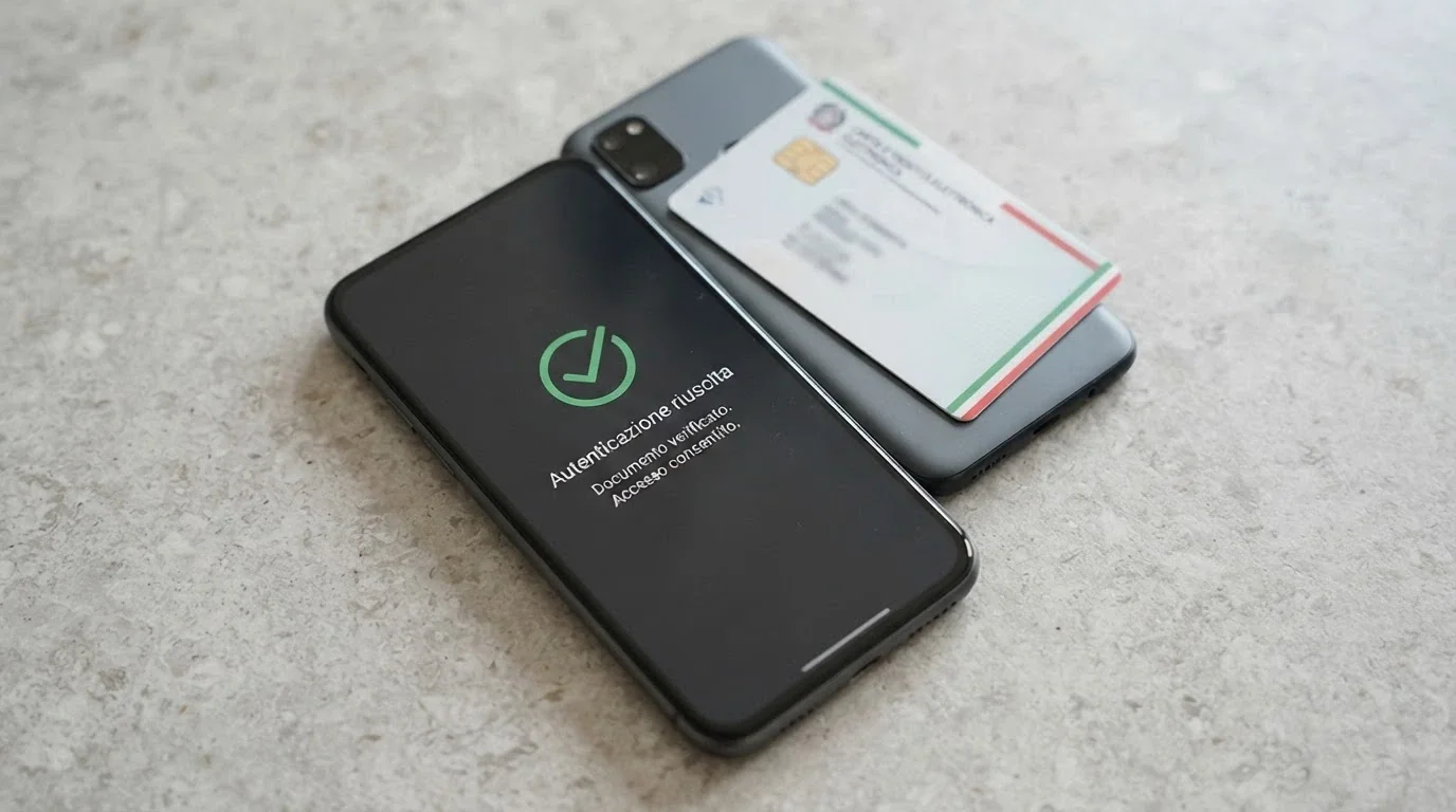 Uno smartphone in fase di lettura NFC di una Carta d'Identità Elettronica, con la schermata di conferma dati in evidenza