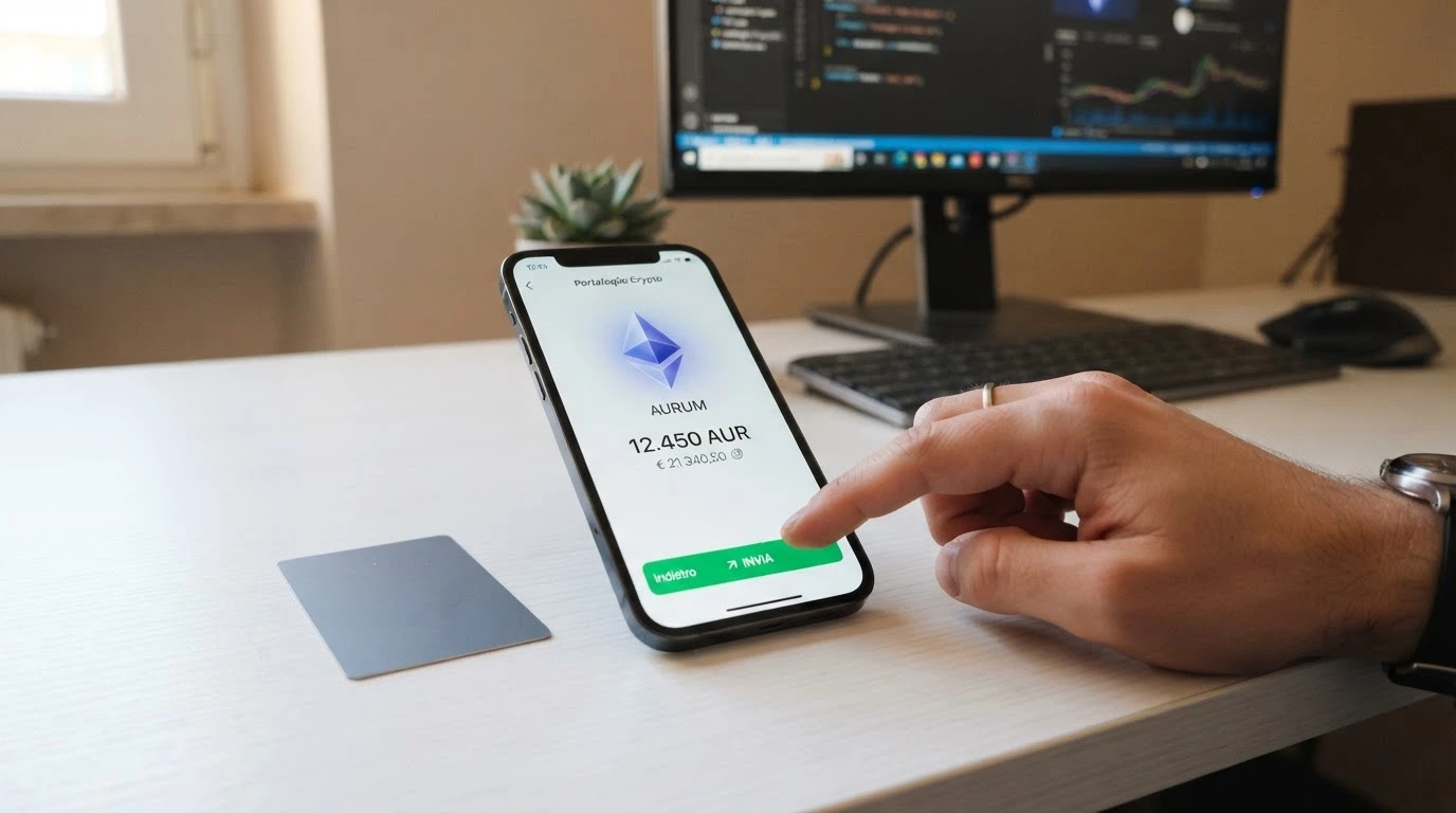 La schermata di un wallet crypto su smartphone con il pulsante «Invia» e un indirizzo Ethereum visibile, accanto a una carta di credito