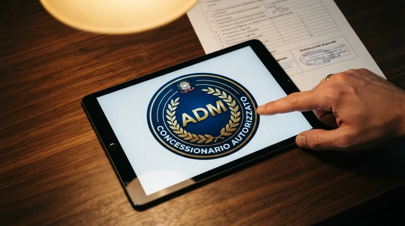 Logo ufficiale ADM in primo piano su un badge digitale con la scritta «Concessionario Autorizzato», sovrapposto allo screenshot della lista concessionari sul portale ADM