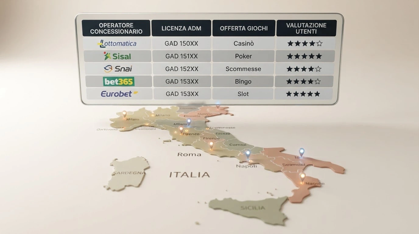 Una tabella comparativa stilizzata con le colonne operatore, bonus, deposito minimo e wagering, sovrapposta alla mappa dell'Italia con i puntini delle concessioni ADM