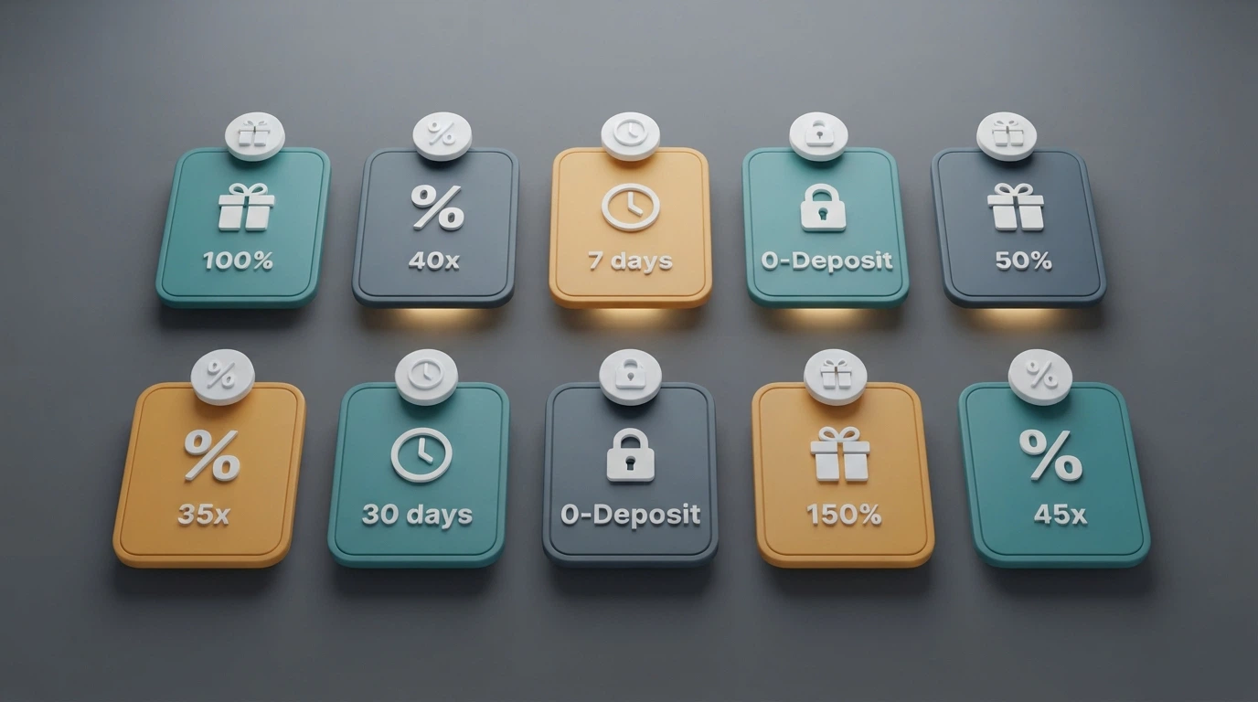 Griglia comparativa stilizzata con icone che rappresentano bonus, wagering, validità e componente senza deposito, senza loghi riconoscibili