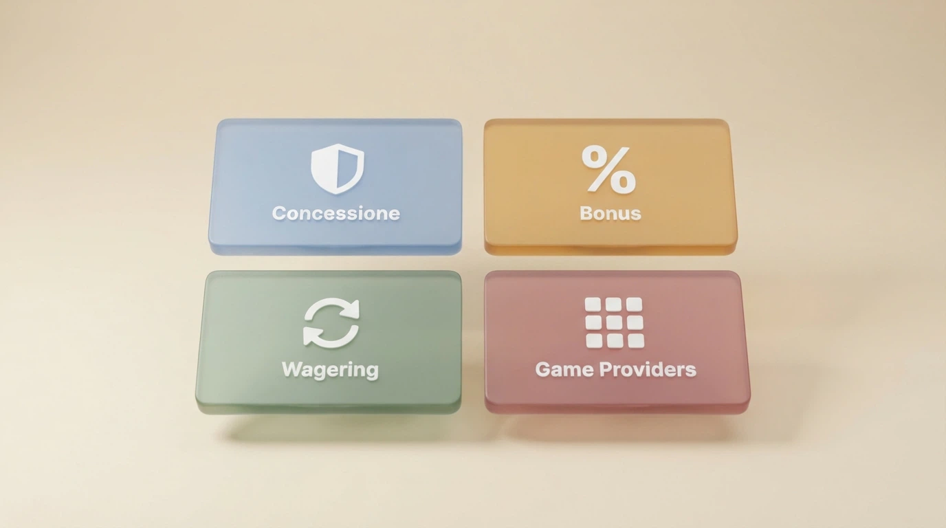 Una griglia di valutazione stilizzata con le quattro dimensioni del confronto: concessione, bonus, wagering, provider