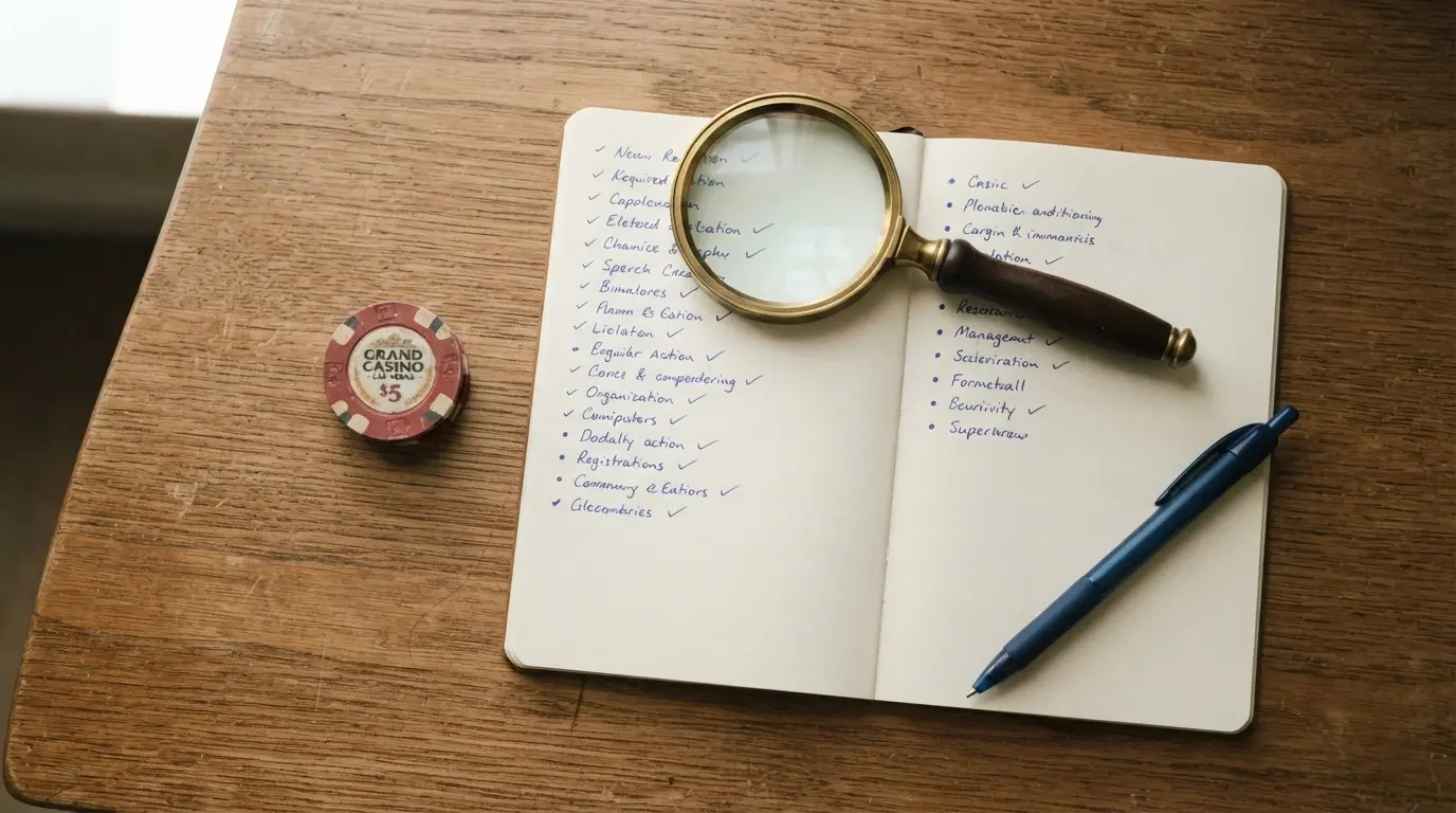 Una lente di ingrandimento su una checklist con le voci concessione ADM, deposito minimo, wagering e metodi di pagamento
