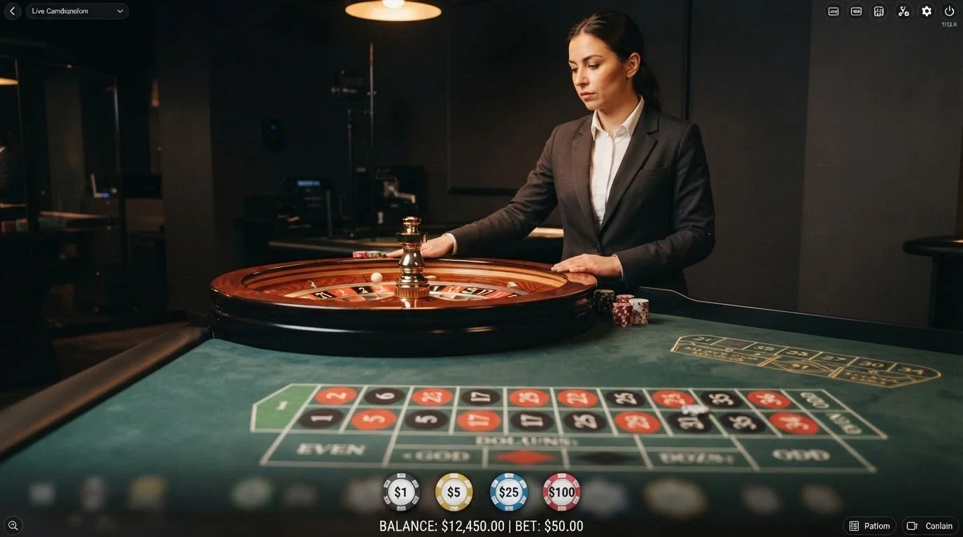 Tavolo da roulette in streaming live con croupier professionale, interfaccia di puntata digitale sovrapposta