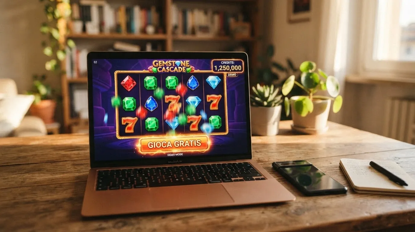 Una schermata di una slot BTG in modalità demo con il contatore dei crediti virtuali e il pulsante «Gioca gratis» visibile