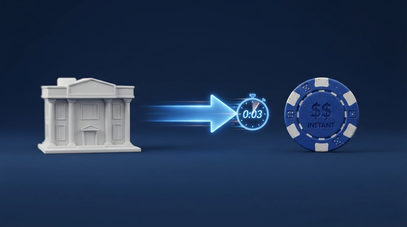 Una sequenza semplificata: conto bancario → bonifico SEPA Instant → conto gioco casinò, con l'orologio che segna pochi secondi
