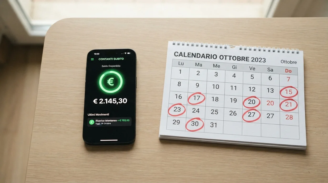 La schermata dell'app Postepay con il saldo in evidenza, affiancata a un calendario con diversi giorni cerchiati in rosso