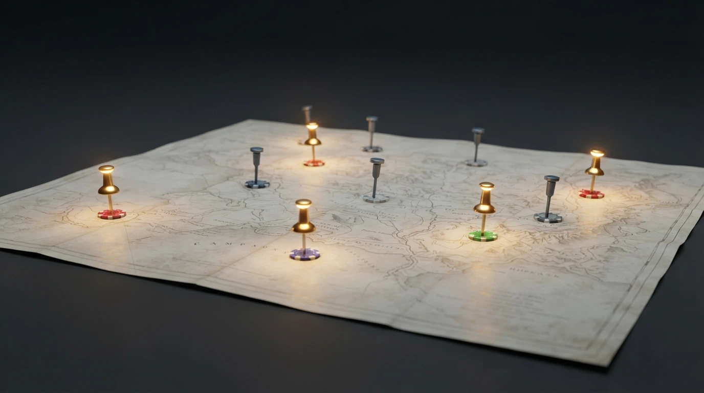 Una mappa stilizzata con dieci puntatori su altrettante icone di casinò, alcune illuminate e altre in ombra, a indicare dati confermati e dati mancanti