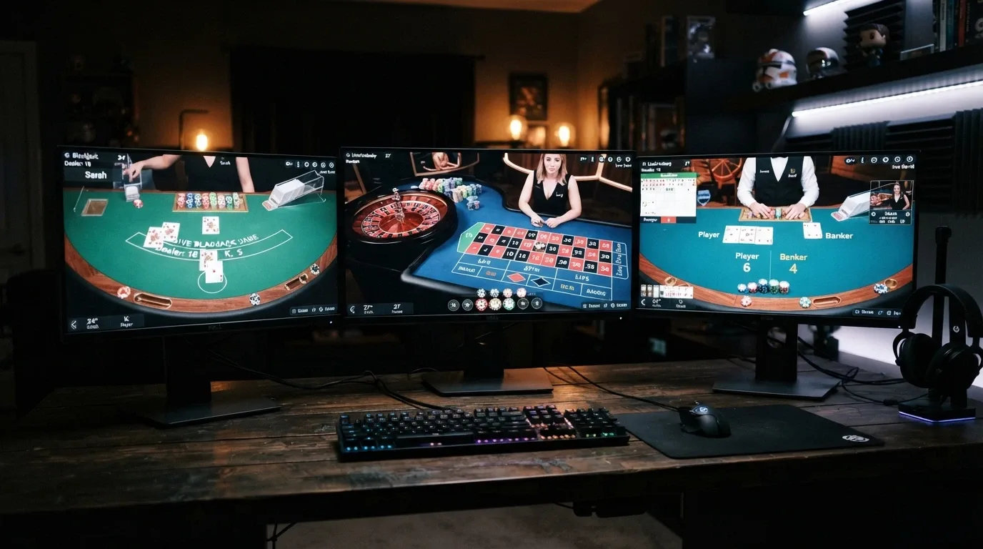 Tre monitor affiancati mostrano interfacce diverse: a sinistra un tavolo da blackjack con le carte scoperte, al centro una roulette, a destra un tavolo da baccarat con il tabellone delle puntate
