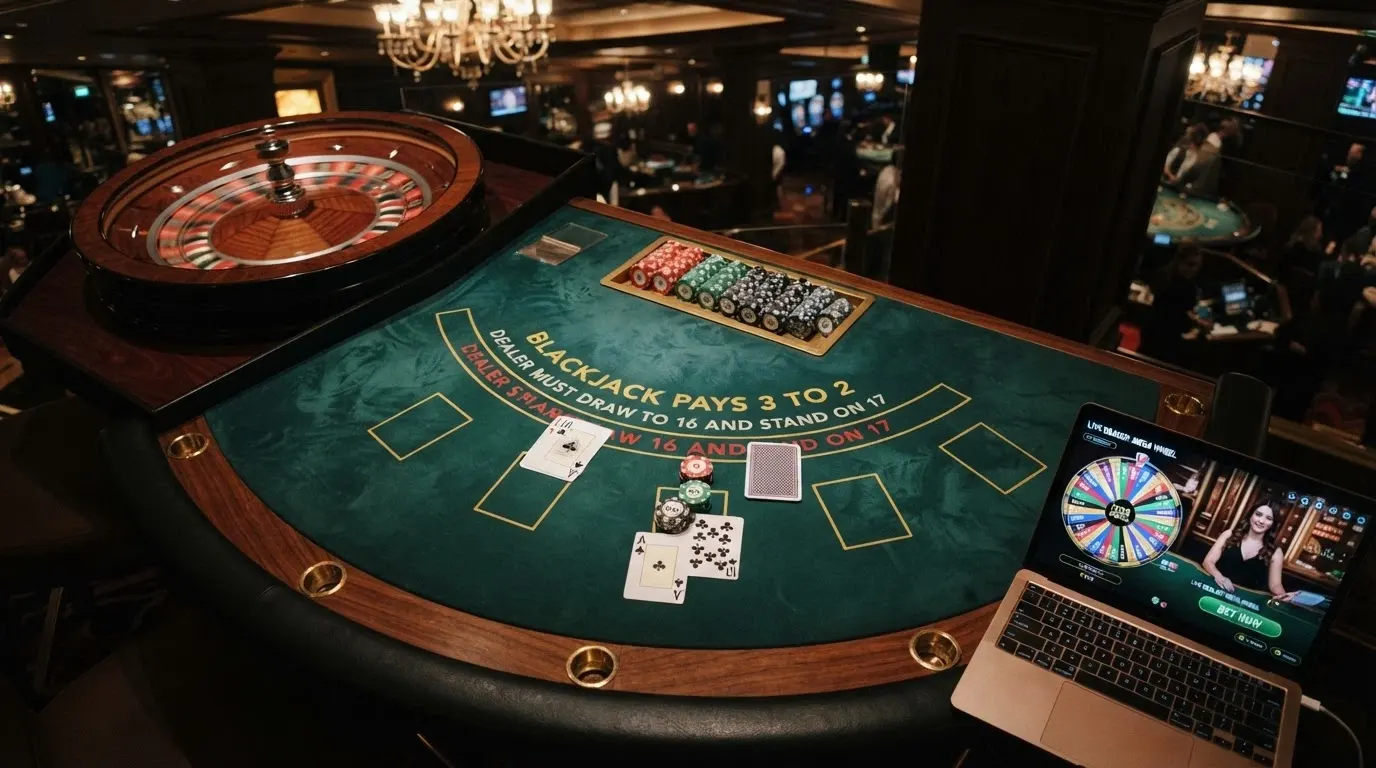 Tavolo da blackjack in primo piano con carte e fiches, affiancato da una ruota della roulette e dall'interfaccia di un game show live, con percentuali RTP in overlay