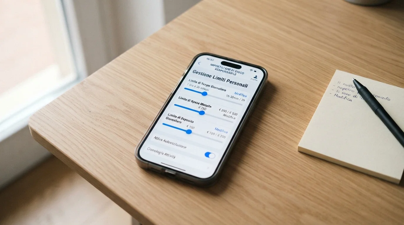 iPhone con la schermata di impostazione dei limiti di gioco (orari, spesa, deposito), slider con numeri visibili e interfaccia pulita