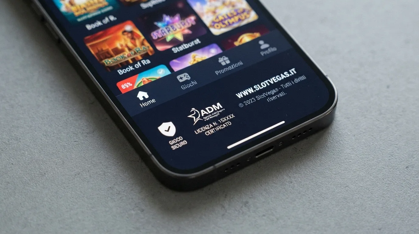 Zoom sul footer di un’app casinò che mostra il logo ADM, il numero di concessione e il dominio .it