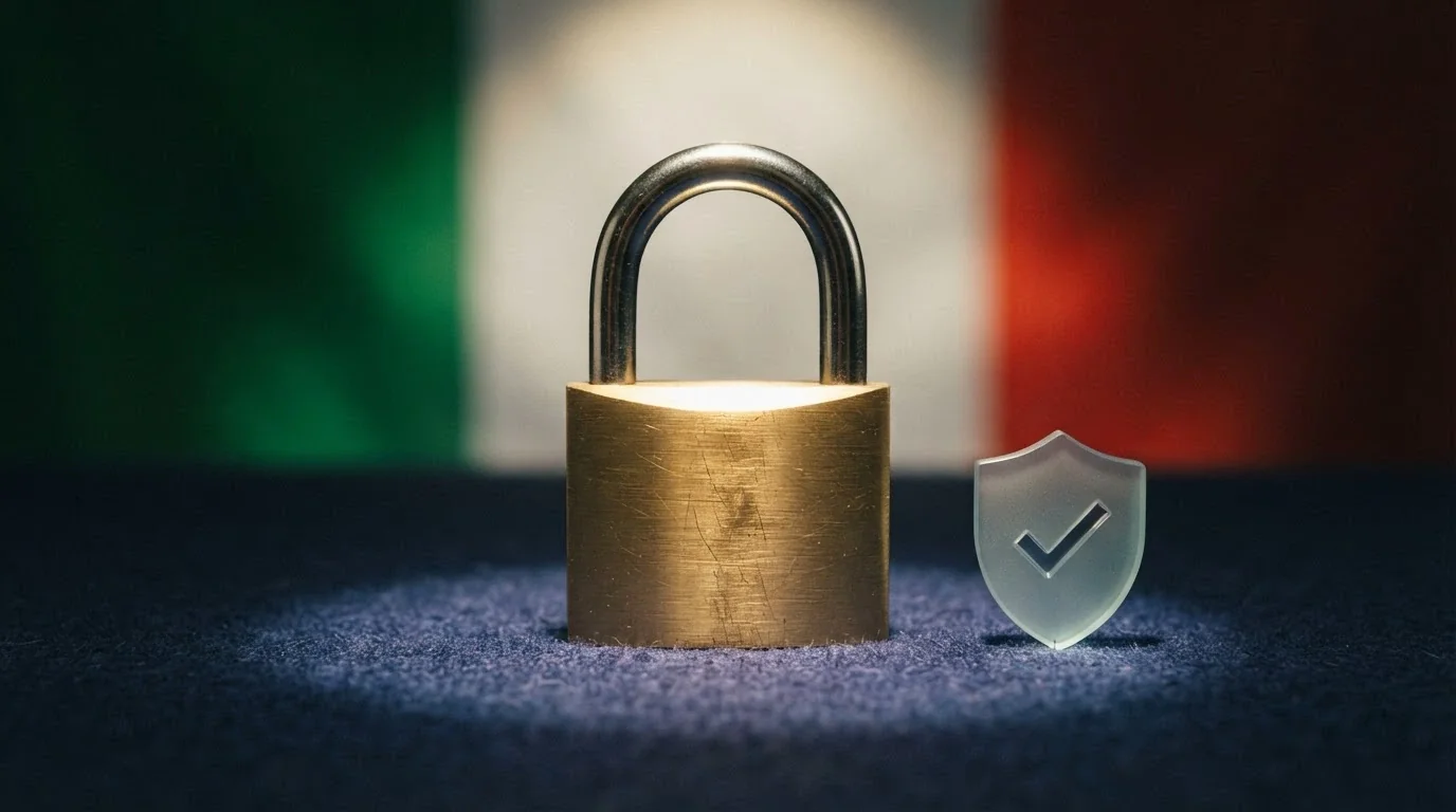 Il logo ufficiale dell'Agenzia delle Dogane e dei Monopoli accanto a un lucchetto e alla bandiera italiana