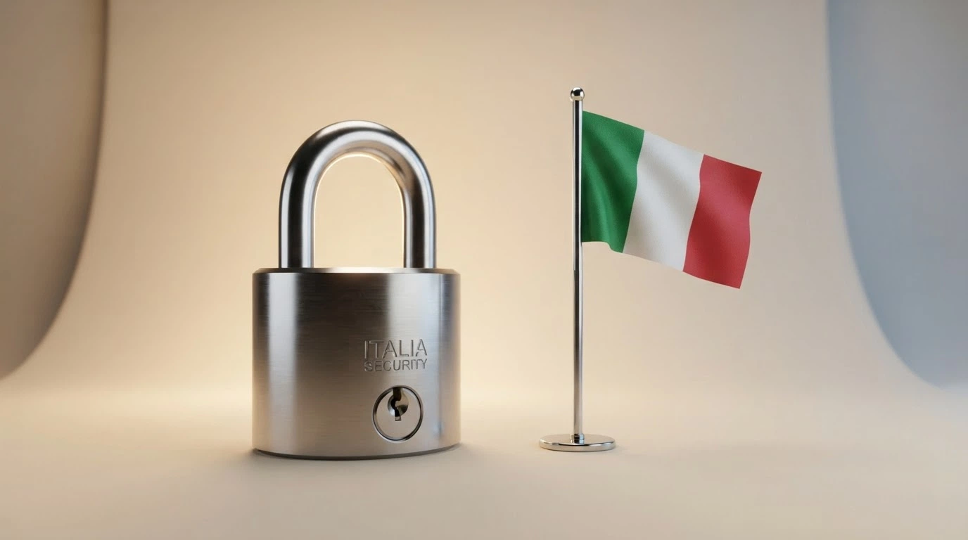 Il logo ufficiale dell'Agenzia delle Dogane e dei Monopoli accanto alla bandiera italiana, con un lucchetto stilizzato