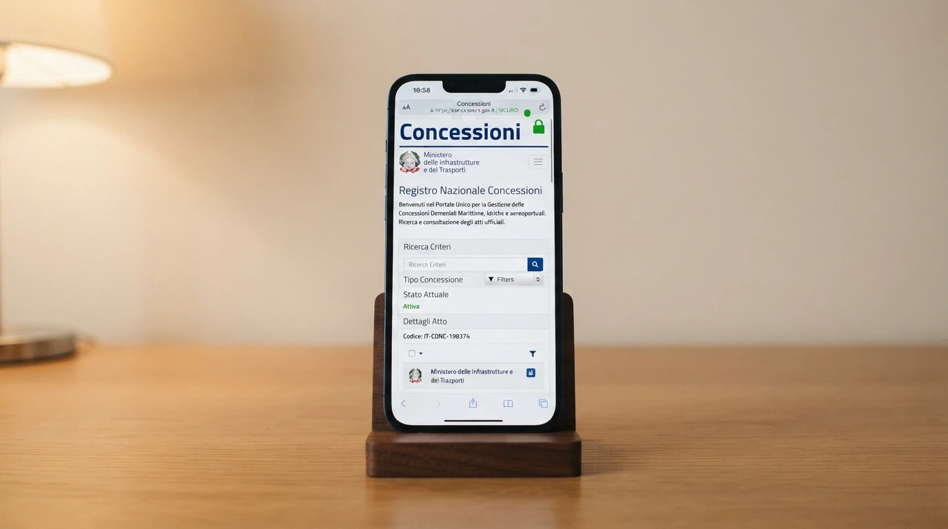 Schermata dell'iPhone con il sito adm.gov.it aperto sulla sezione concessioni, accanto al logo ADM e un lucchetto verde