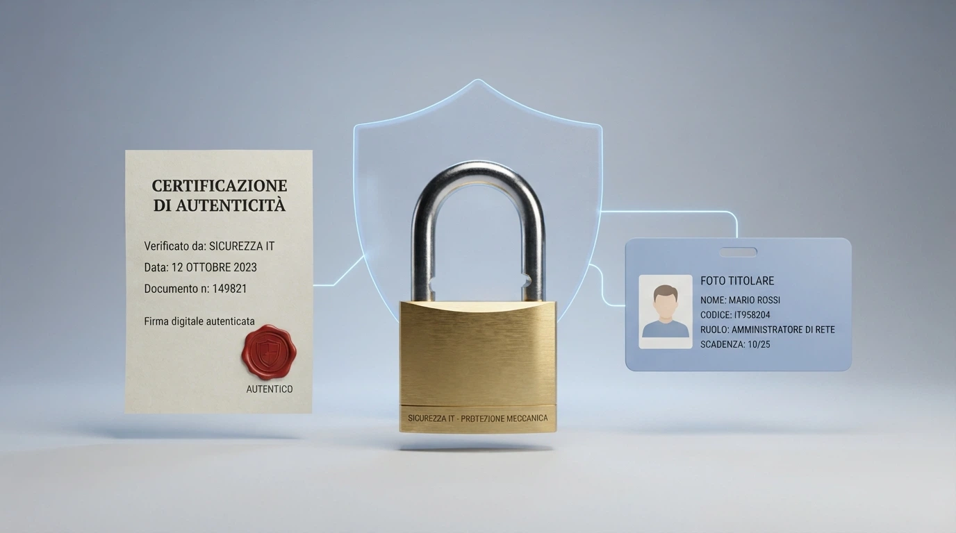 Un diagramma a tre colonne con le icone di una licenza, un lucchetto SSL e una carta d'identità, collegati da frecce a un contorno di scudo