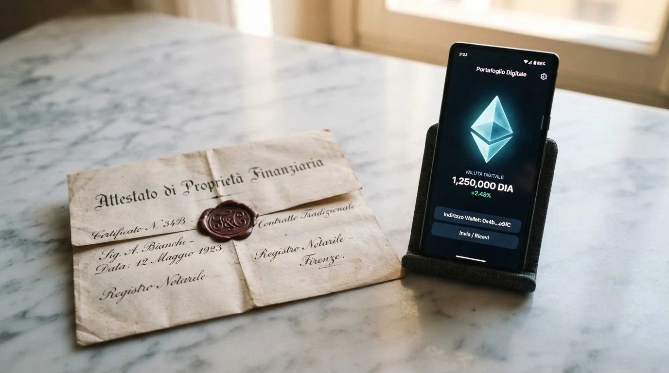 Un documento ufficiale timbrato con sigillo accanto allo schermo di uno smartphone con un wallet Ethereum aperto