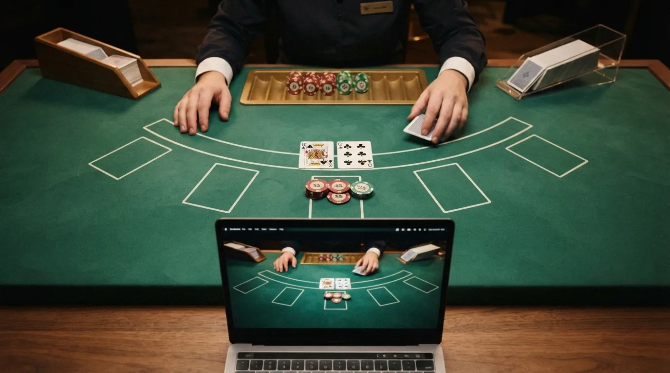 Tavolo di blackjack dal vivo con l'interfaccia di un casinò ADM in evidenza
