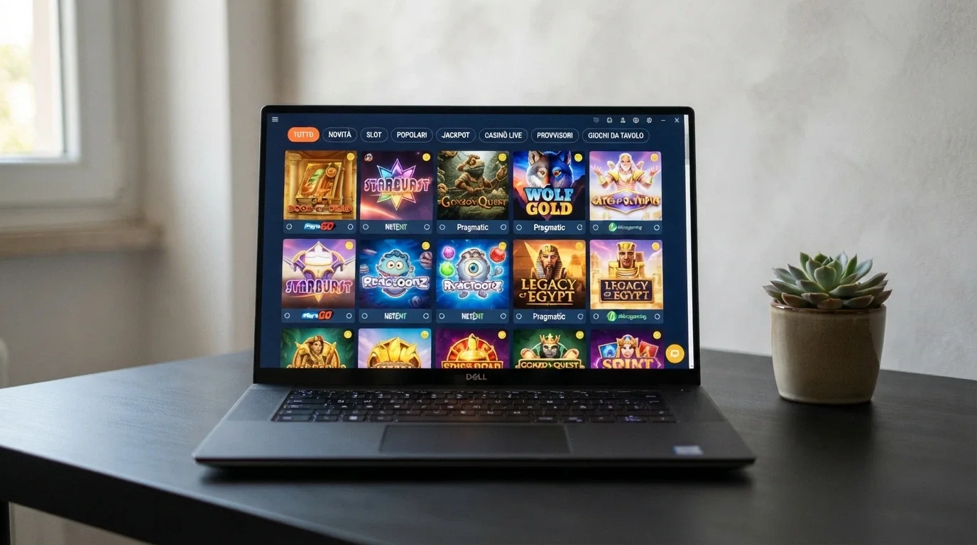 Lobby di giochi di un casinò ADM con filtri per provider, RTP e categorie di slot