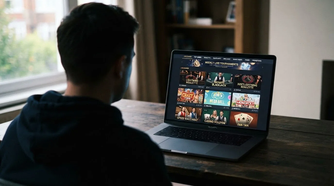 Schermata di una lobby di casinò live con anteprime dei tavoli disponibili, categorizzati per tipo di gioco e limite di puntata