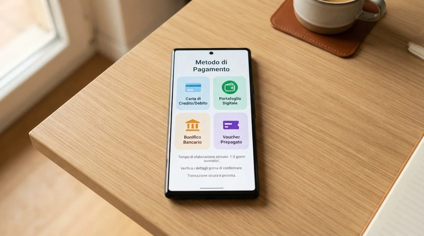 Una schermata di checkout con diverse opzioni di pagamento — carta di credito, portafoglio elettronico, bonifico e Paysafecard — affiancata da un elenco di limiti e tempi.