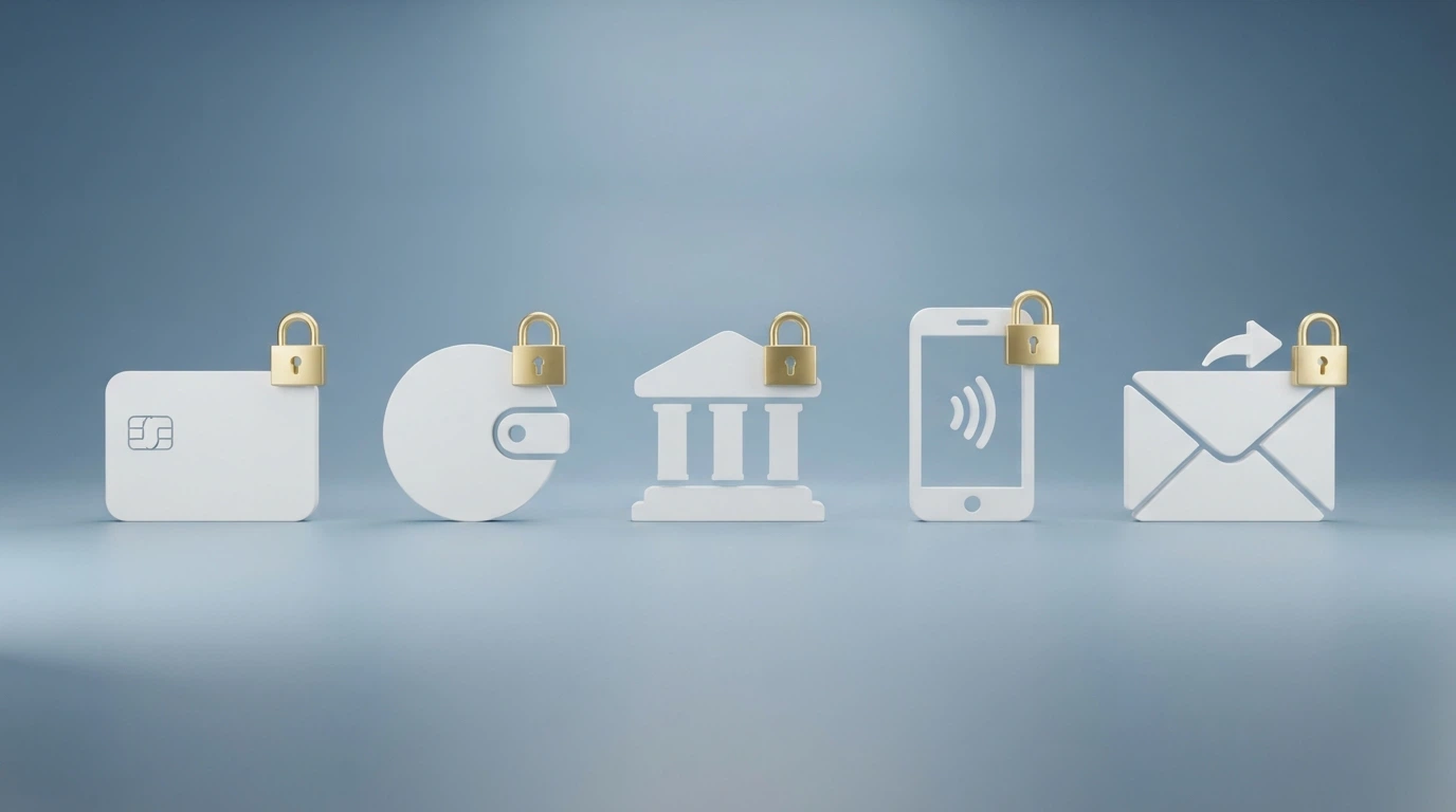 Una selezione ordinata di icone di metodi di pagamento — PayPal, Postepay, bonifico, carte — con un lucchetto sopra ciascuna