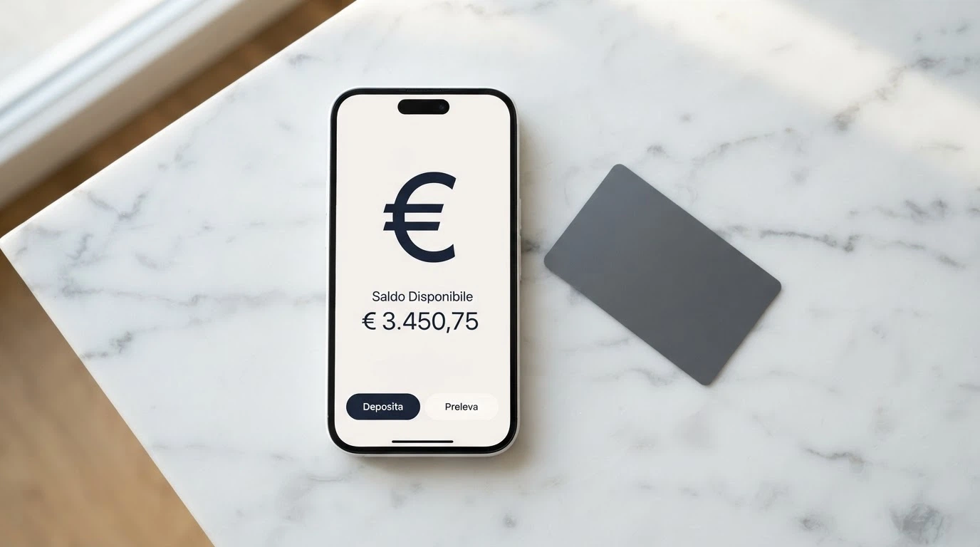 Smartphone con schermata di prelievo bancario e icone di carte di credito, PayPal e Postepay