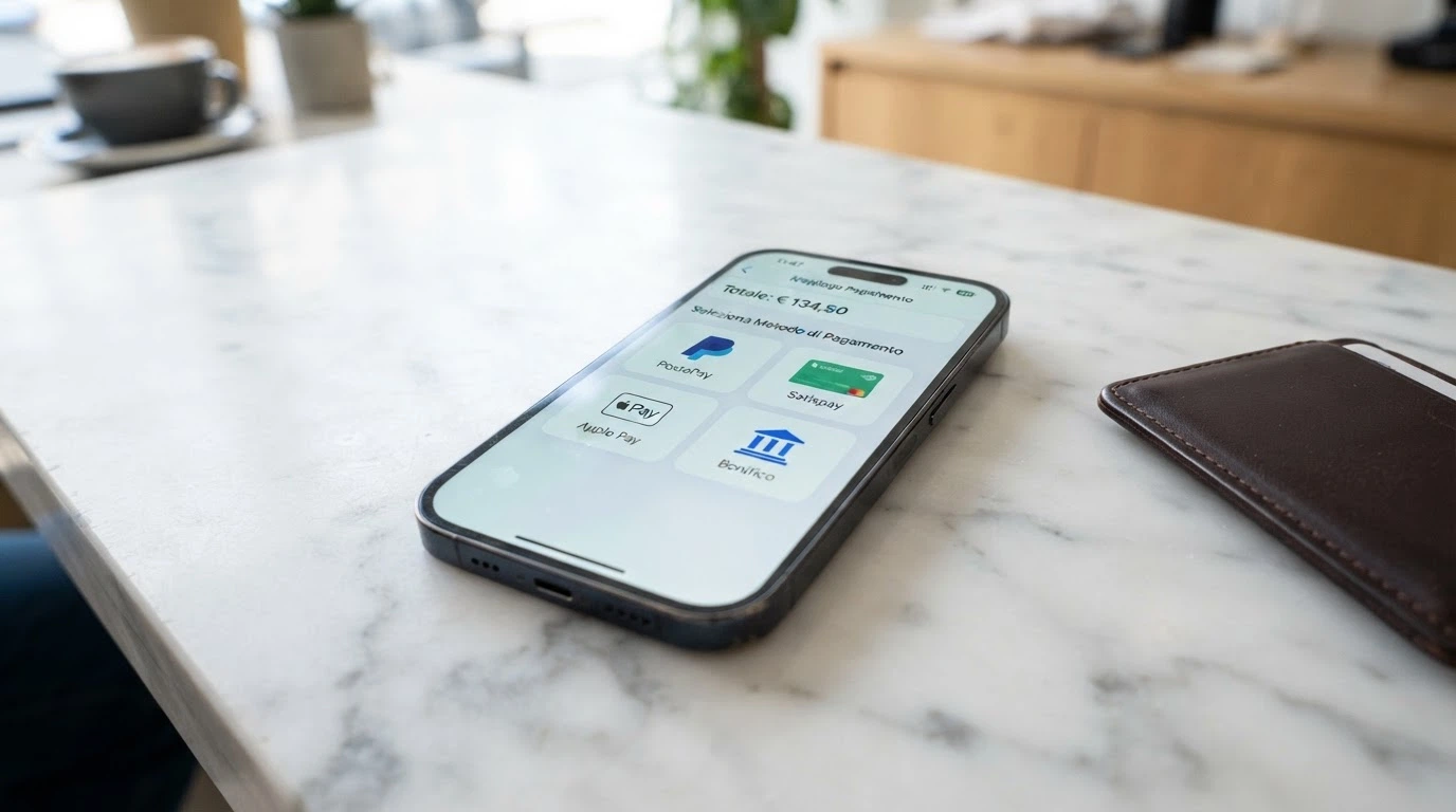 Smartphone Android con la schermata di cassa di un casinò ADM che mostra le icone di PayPal, Postepay, Skrill, Neteller e bonifico bancario