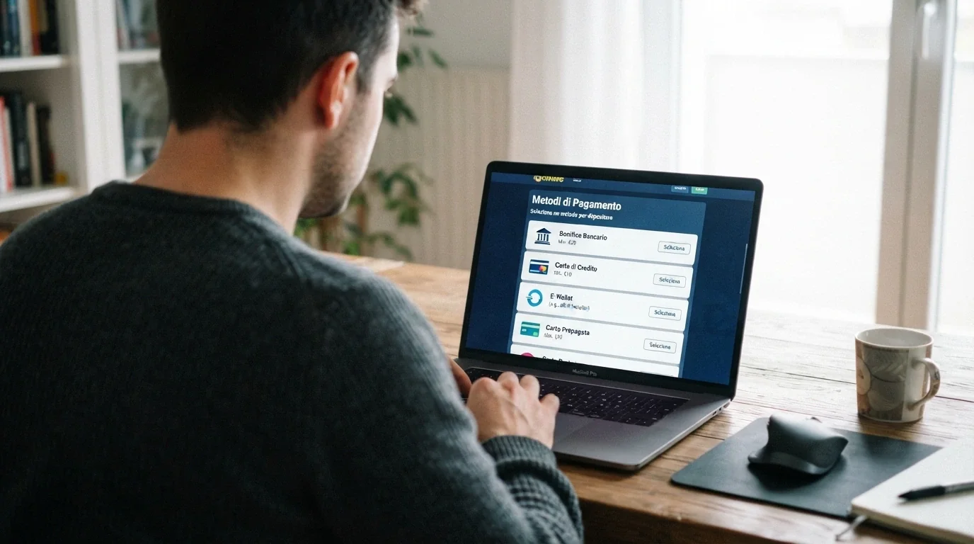 La schermata di un conto gioco con l'elenco dei metodi di ricarica: bonifico bancario, PayPal, PostePay, carte di credito e debito
