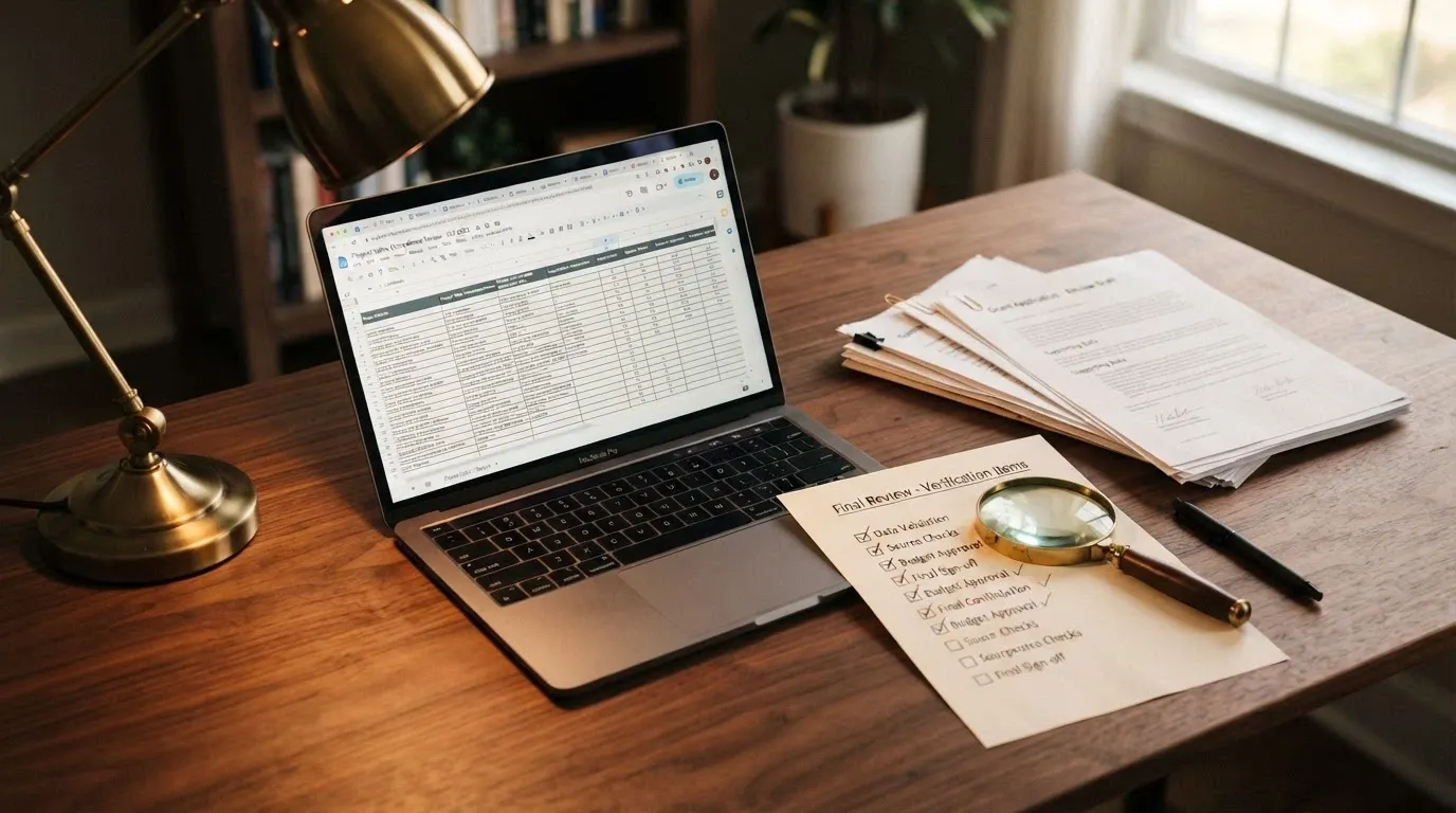 Documenti, checklist e una lente di ingrandimento su una scrivania accanto a un laptop aperto