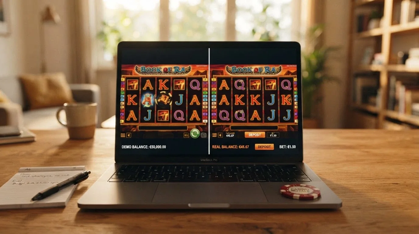 Due schermate affiancate: una slot in modalità demo a sinistra e la stessa slot in modalità reale con il saldo in euro a destra