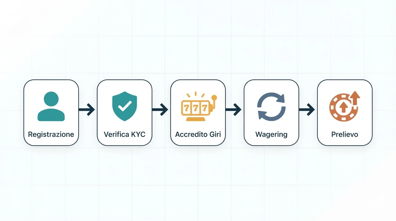 Schema a frecce che illustra il percorso dalla registrazione alla vincita passando per verifica KYC, accredito giri, wagering e prelievo