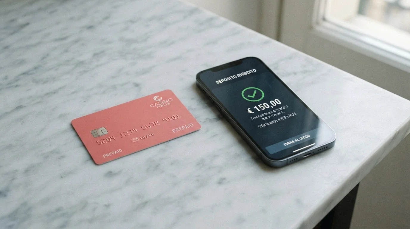 Una carta Postepay appoggiata accanto a uno smartphone che mostra la schermata di deposito di un casinò online