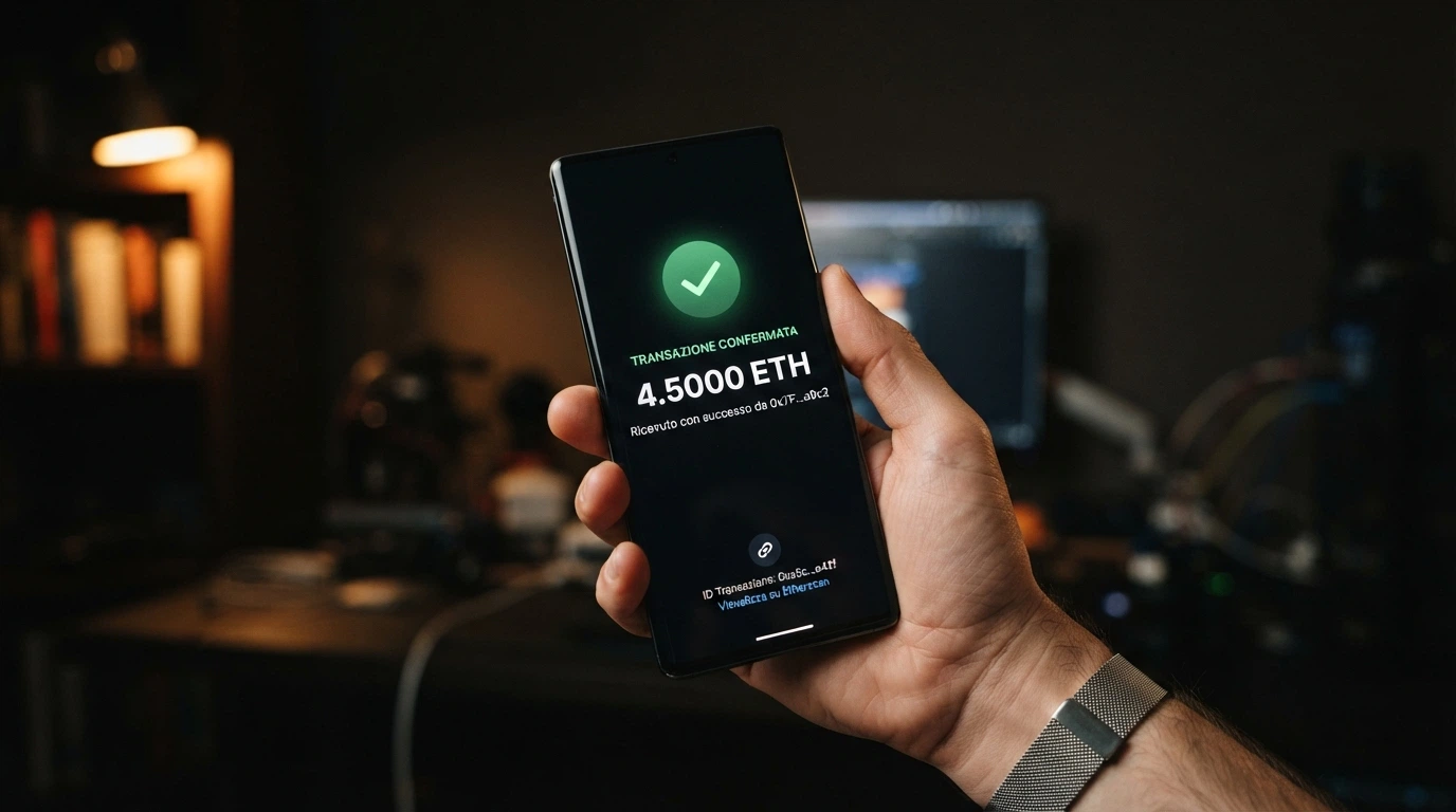 Sequenza di una transazione Bitcoin confermata su blockchain con l'importo in evidenza