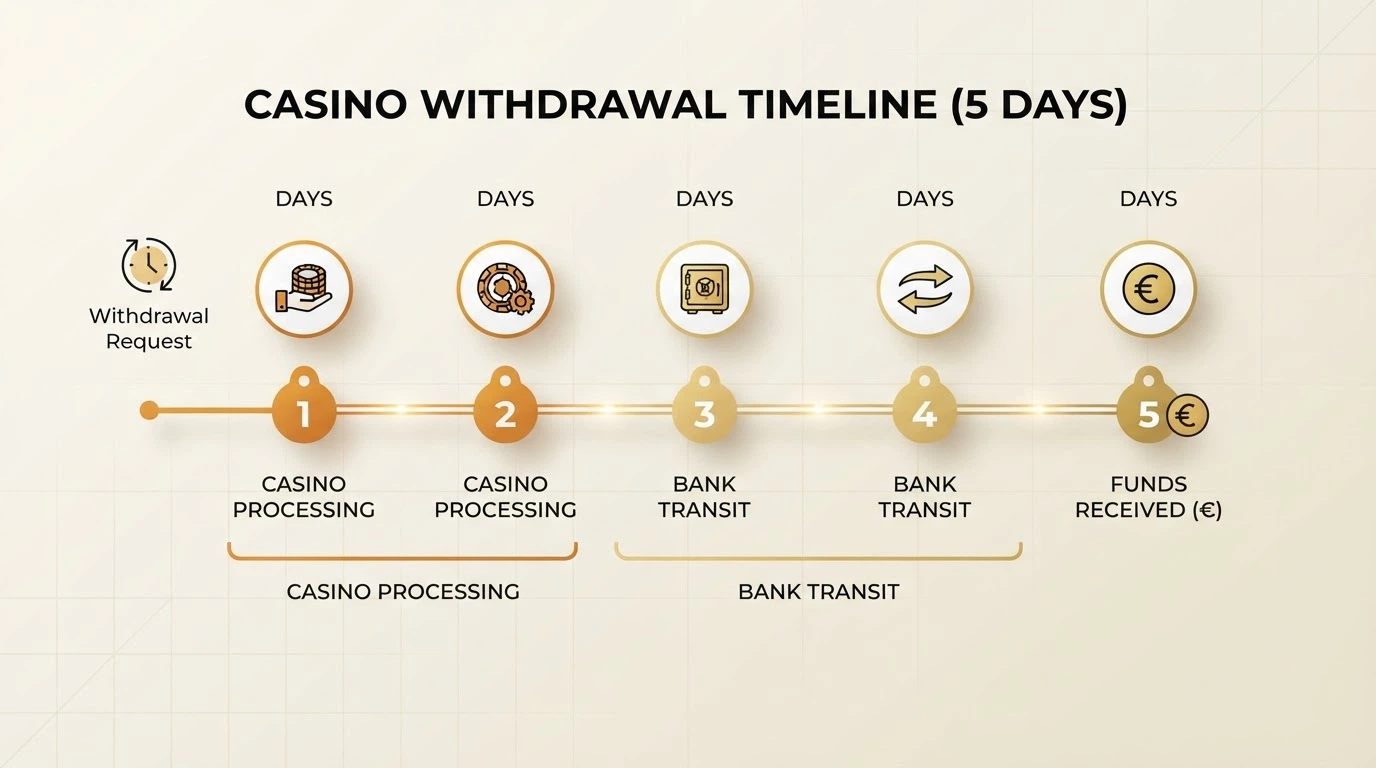Un calendario con i giorni evidenziati tra la richiesta di prelievo e l'accredito sul conto corrente, affiancato dal logo di un casinò ADM