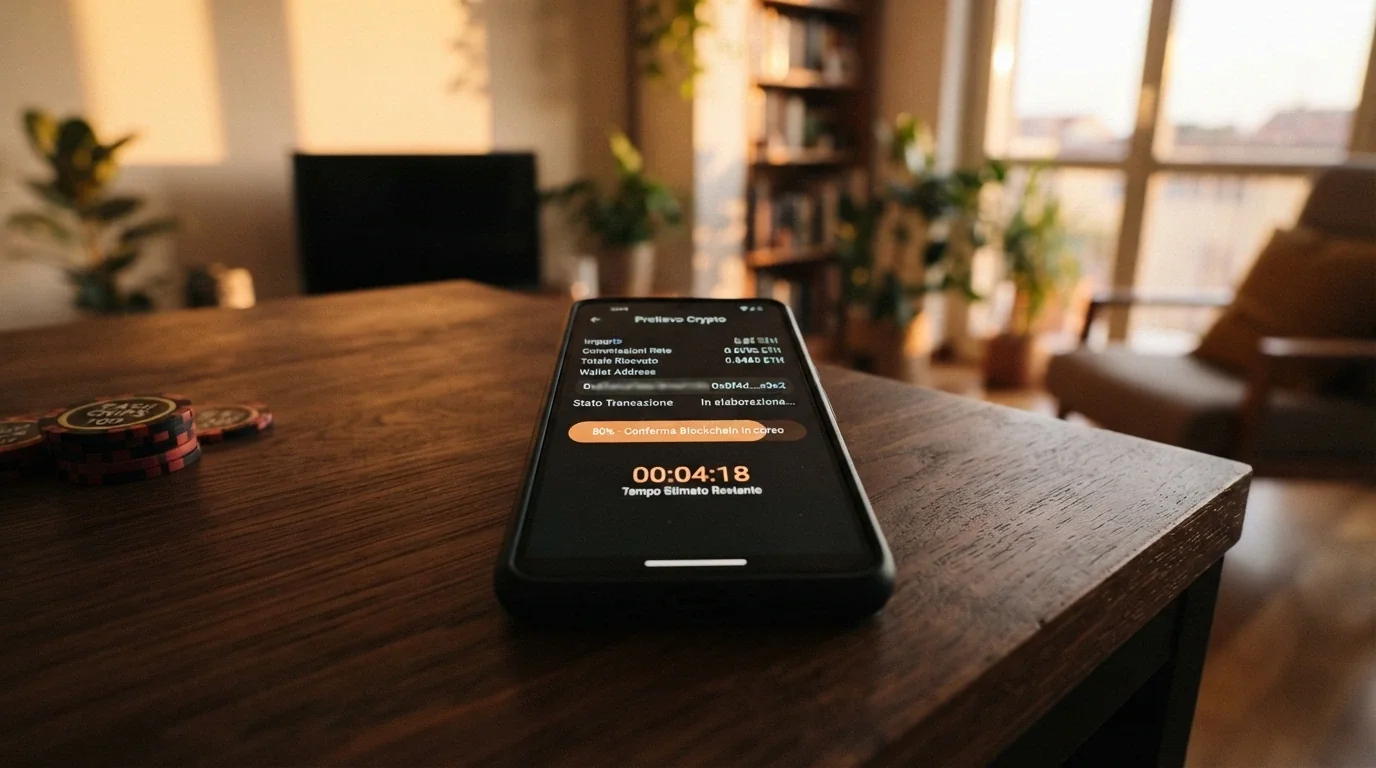 Interfaccia di prelievo Bitcoin con transazione in corso, timer di conferma e indirizzo del wallet di destinazione