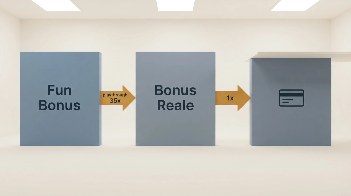 Tre blocchi in sequenza: «Fun Bonus», poi una freccia con «playthrough 35x», poi «Bonus Reale», poi una freccia con «1x», infine un'icona di bonifico con un tetto visibile