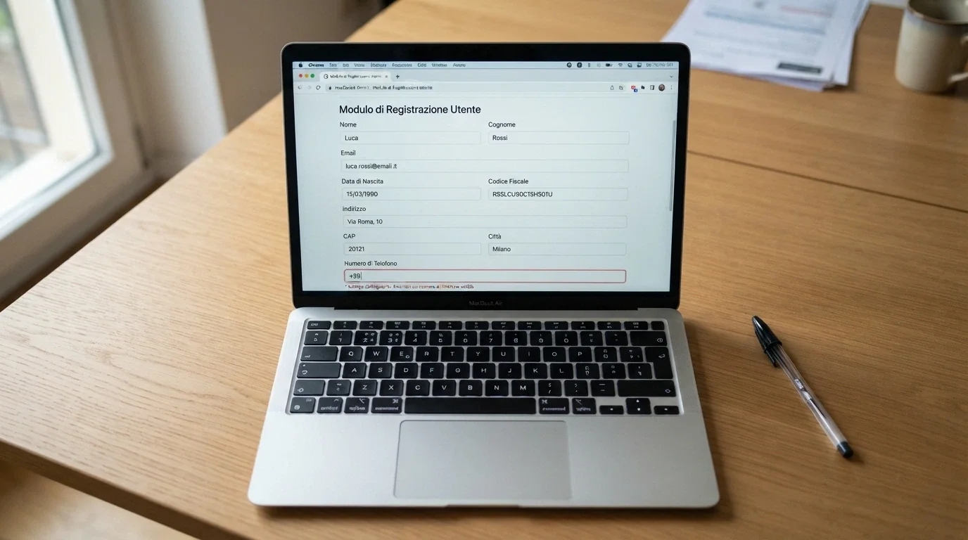 Il modulo di registrazione di un casinò online con il campo «codice fiscale» evidenziato in rosso e un messaggio di errore