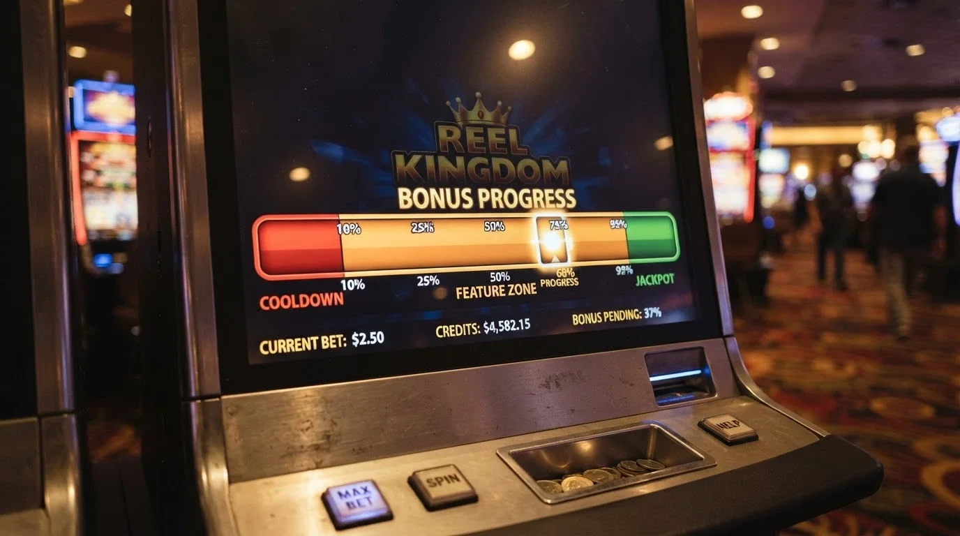 Una slot machine con un contatore di playthrough parzialmente completato e una barra di avanzamento che mostra il progresso verso il bonus reale